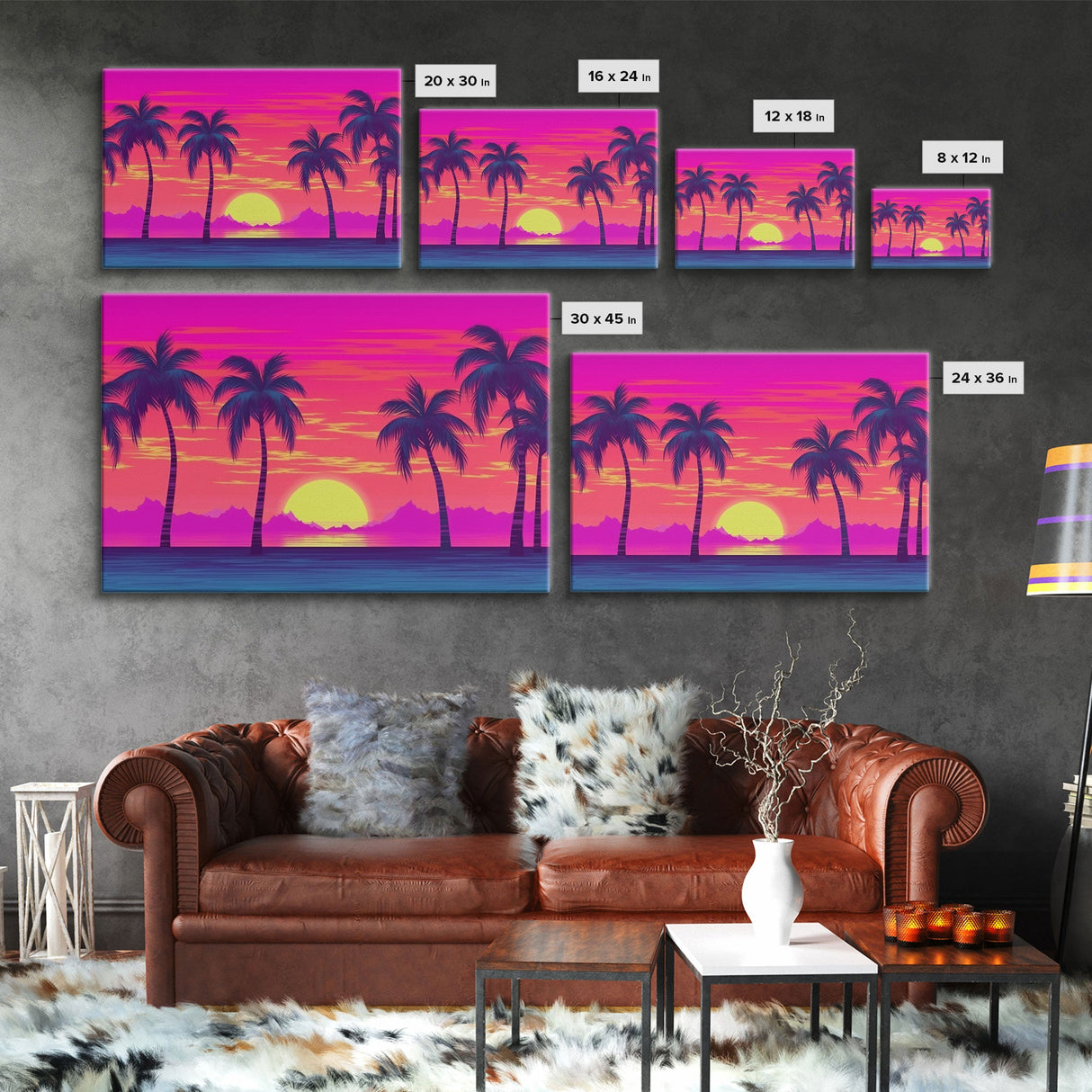 Beach sunset Wall Art, Framed Canvas Print, Colorful painting, Vibrant art, Synthwave Style, Warm Colors, Pop Art style, Tropical art