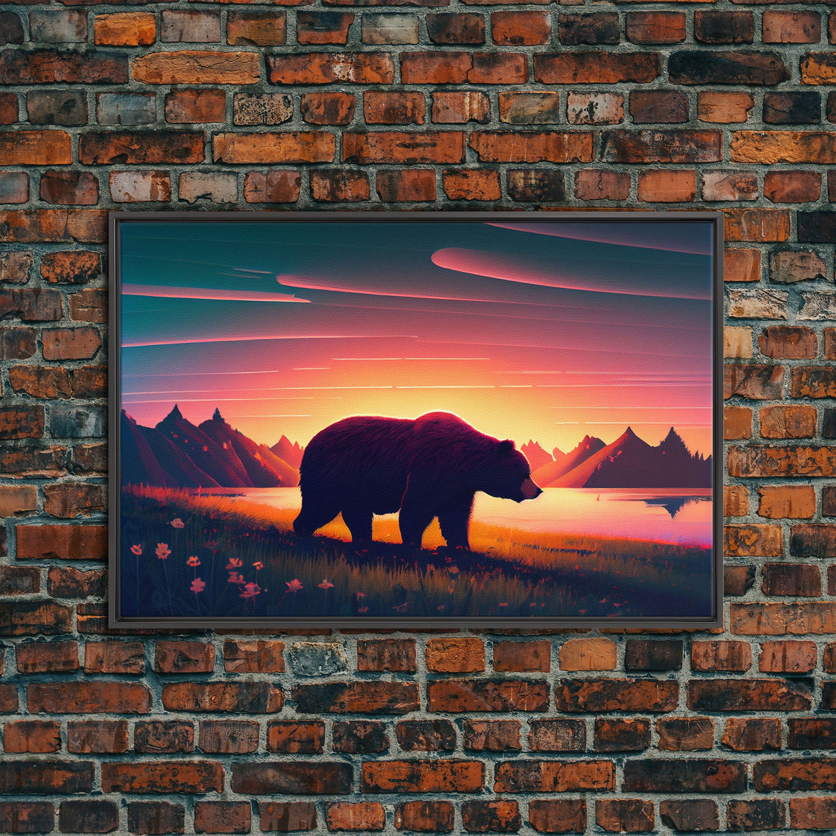 Grizzly bear at sunset, cool nature art, animal print, framed canvas print, wall decor for bedroom / guest room