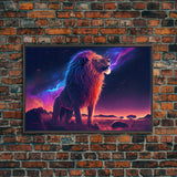 The Lion and the Galaxy, unique vibrant synthwave wall art, framed canvas print, animal lion print