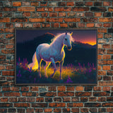 Vibrant portrait of a white horse in a field of flowers, vaporwave aesthetic art, animal prints, framed canvas print, colorful wall art