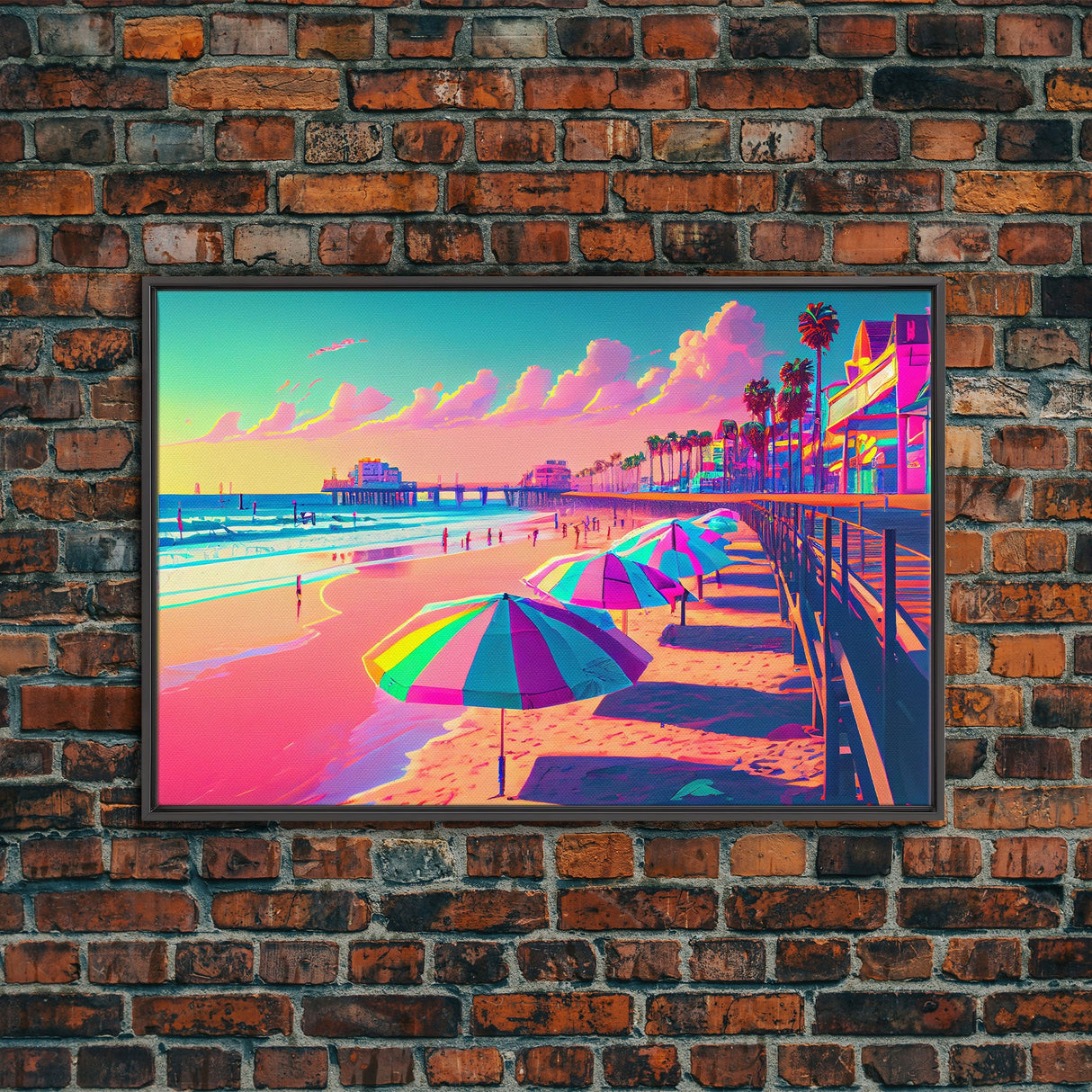 Neon Pastel wall art, vaporwave aesthetic boardwalk, neon beach, framed canvas print