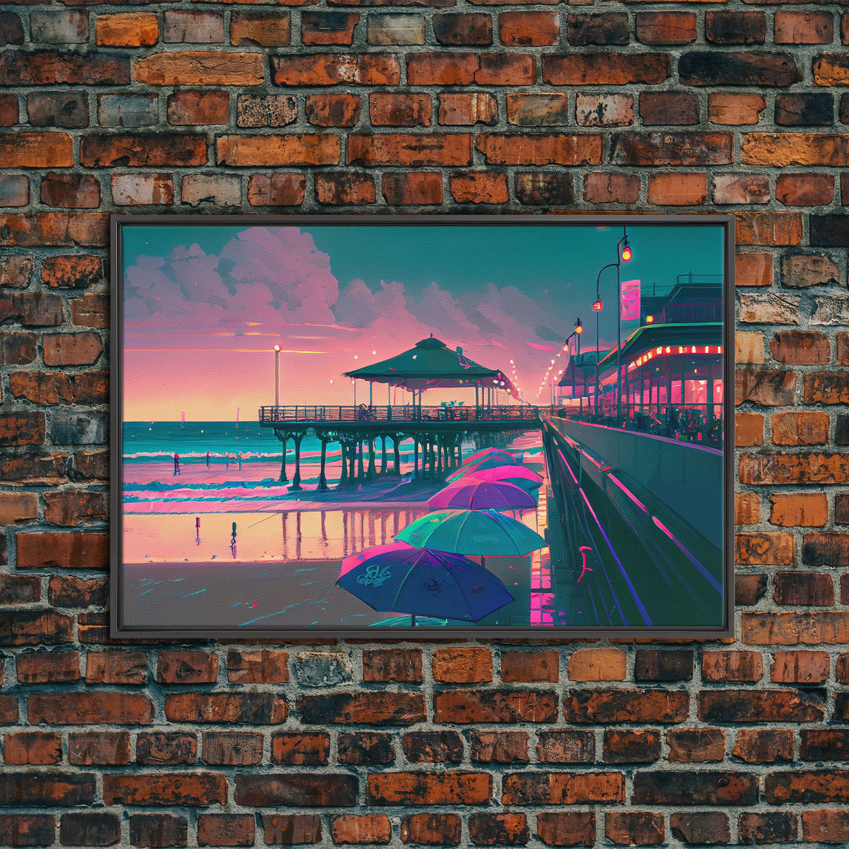 Neon Beach, cool beach house wall decor, synthwave pier and boardwalk, framed canvas print, framed wall art