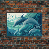 Dolphins in the Ocean, Turquoise dolphin art, framed canvas print, wall art with frame