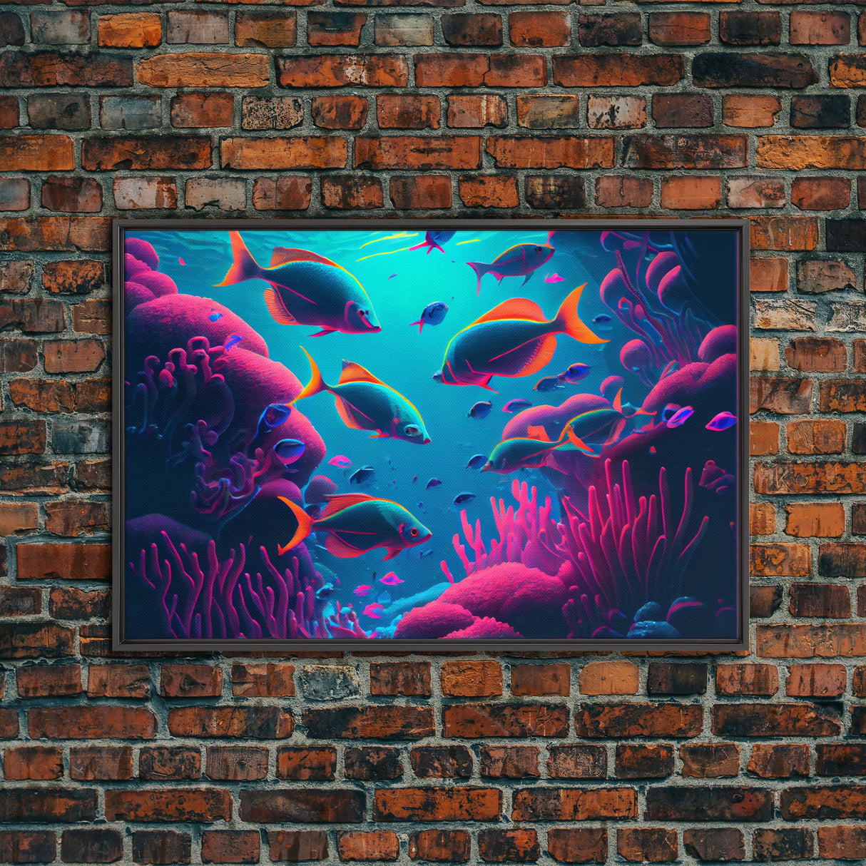 Coral Reef art, synthwave aesthetic ocean art, school of fish, framed canvas art, framed wall art canvas print