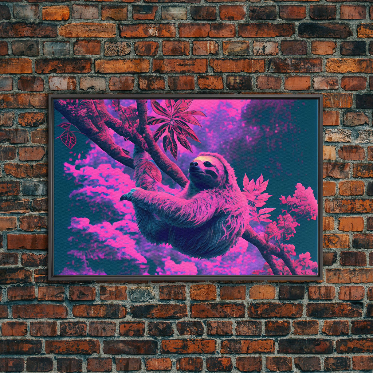 Sloth in a tree, synthwave retrowave animal print, framed canvas art