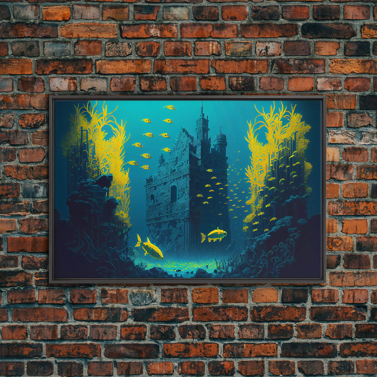 Underwater castle fantasy art, 8 bit pixel art for videogame room, framed canvas print