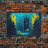 Underwater castle fantasy art, 8 bit pixel art for videogame room, framed canvas print