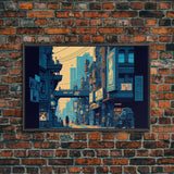 8 bit pixel art cyber punk city, video game concept art, framed canvas print, game room art