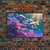 Tropical Reef Art, vaporwave pastel ocean fish art, school of fish art, framed canvas print