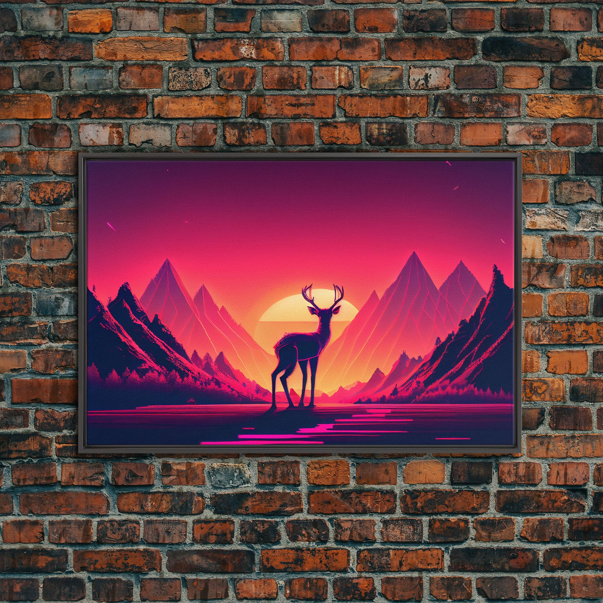 Deer at sunset, outrun style nature animal print, framed canvas print, sunrise art