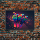 Tropical birds, vibrant and colorful animal print, parrots, framed canvas print, Framed wall art