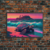 Sea Turtle On Seashore Beach Ocean Sea Sunset Blue Pink Fine Art Print, Wall Art Print, Wall Poster, Wall Decor