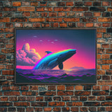 Humpback whale breaching a rainbow, vaporwave art, synthwave animal print, framed canvas print