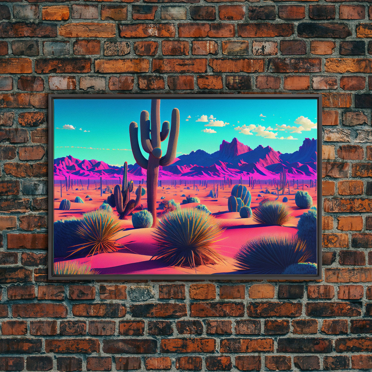 Synthwave Style Cactus Art, Retro Desert Abstract, framed canvas print, Arizona art