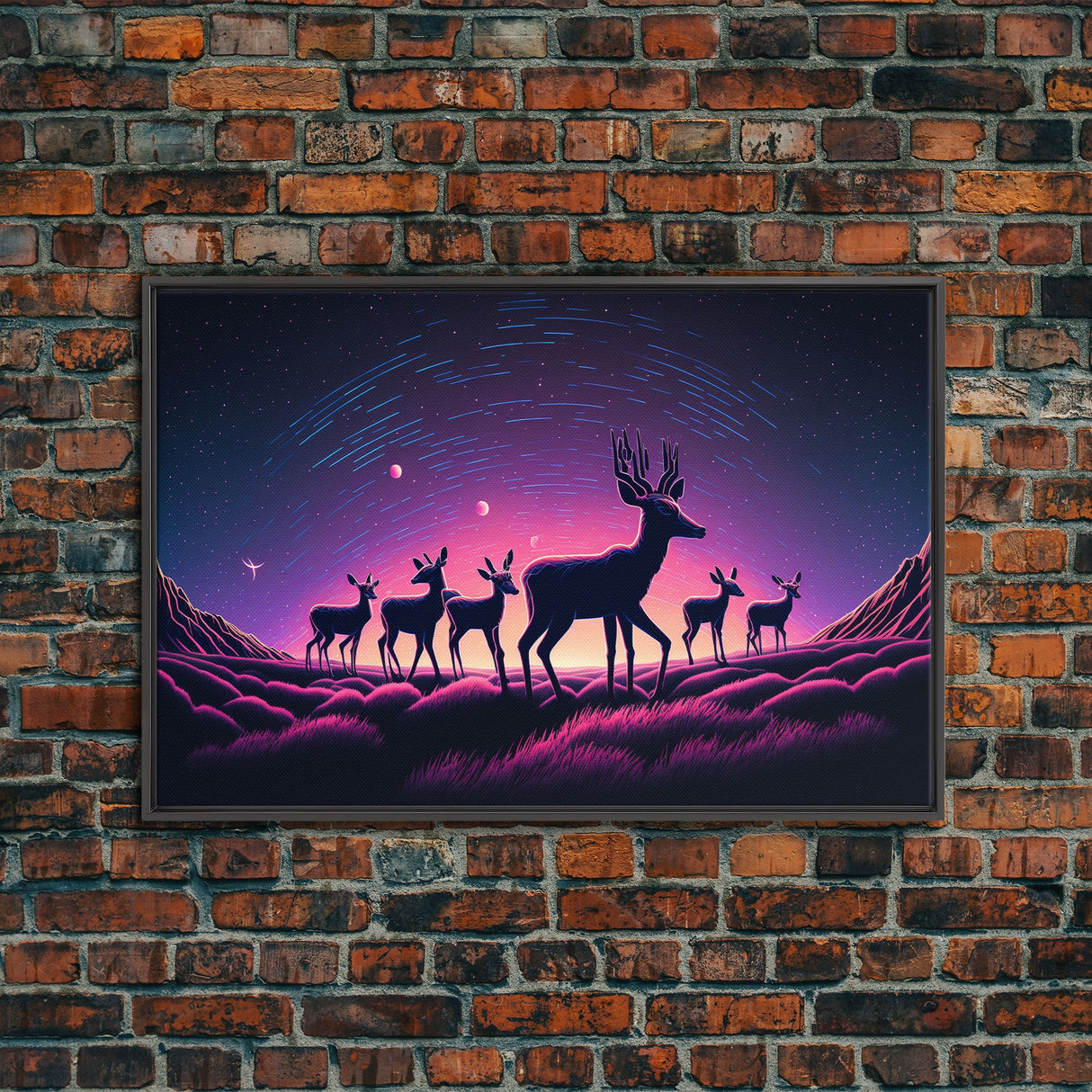 Wildlife at Night, Timelapse art, framed canvas print, synthwave style animal art