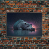 Sleepy Hippo, Animal Prints, framed canvas prints, wildlife art, starry night pastel hue art