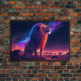 The Lion and the Galaxy, unique vibrant synthwave wall art, framed canvas print, animal lion print