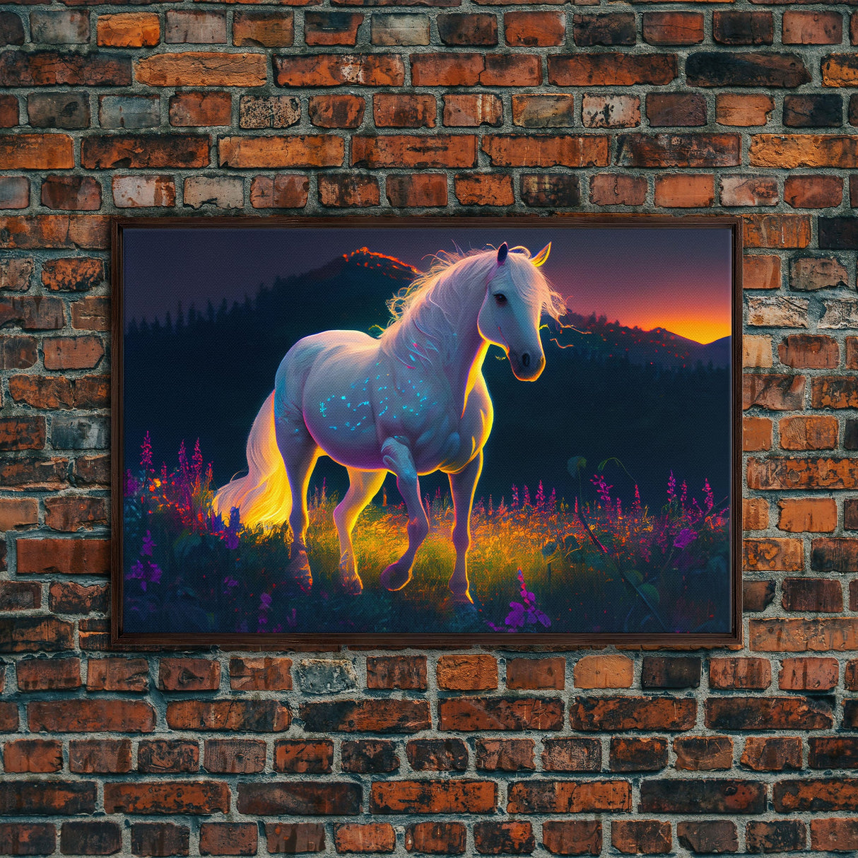 Vibrant portrait of a white horse in a field of flowers, vaporwave aesthetic art, animal prints, framed canvas print, colorful wall art