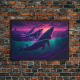 3 Blue Whales Breaching at Sunset, vaporwave synthwave ocean art, framed canvas print