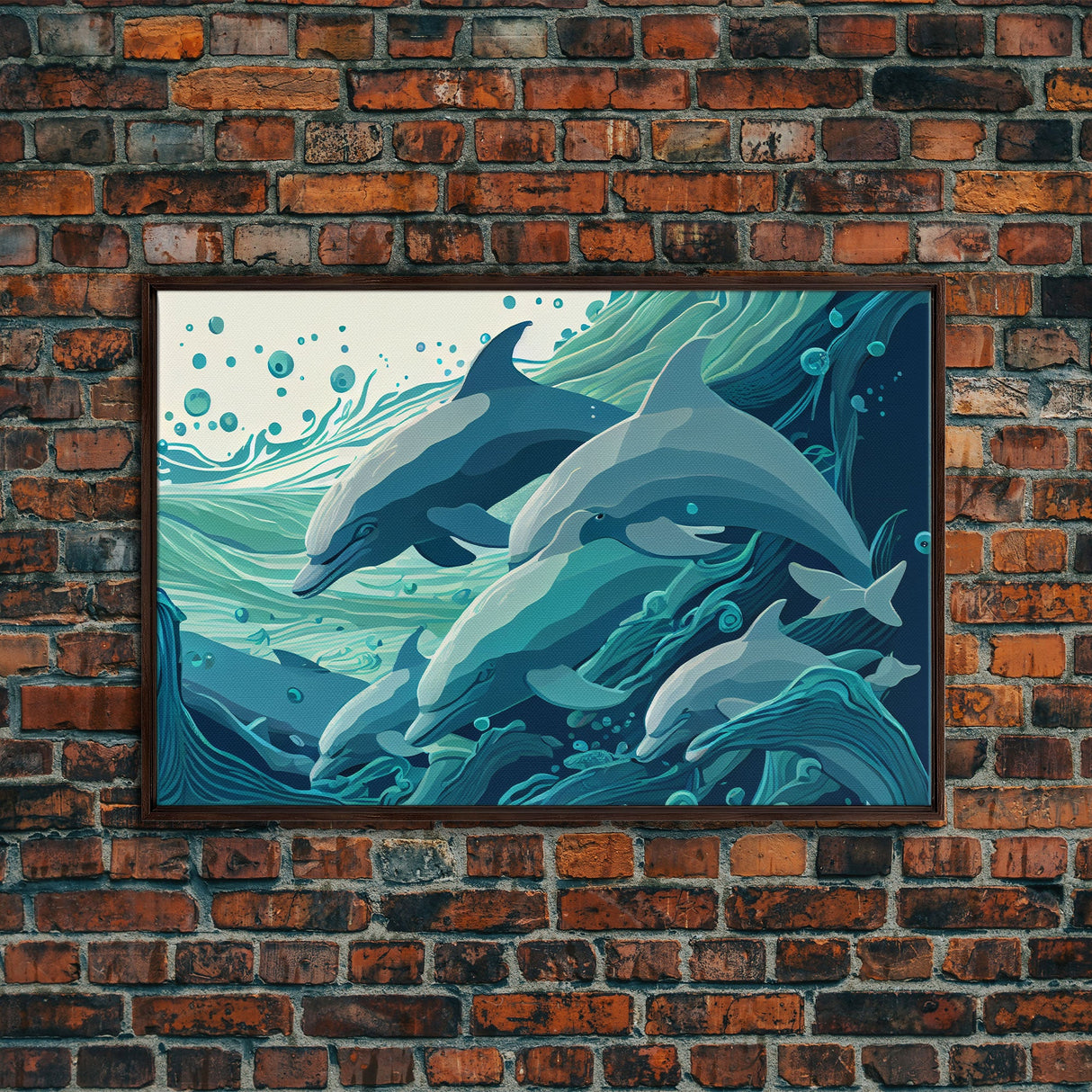 Dolphins in the Ocean, Turquoise dolphin art, framed canvas print, wall art with frame