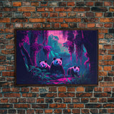 Cute pandas, jungle, framed canvas print, framed wall art, synthwave animal art