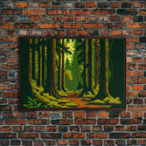 Among The Tall Trees, Beautiful forest 8 bit pixel art, framed canvas print, game room art