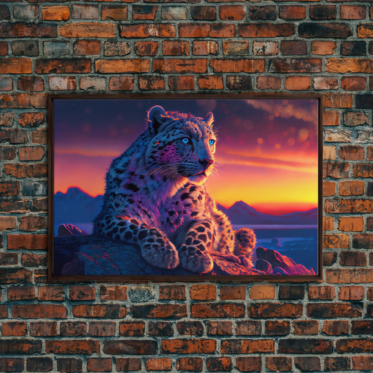 Portrait of a leopard at sunset, vaporwave art, framed canvas print, framed wall art, animal prints