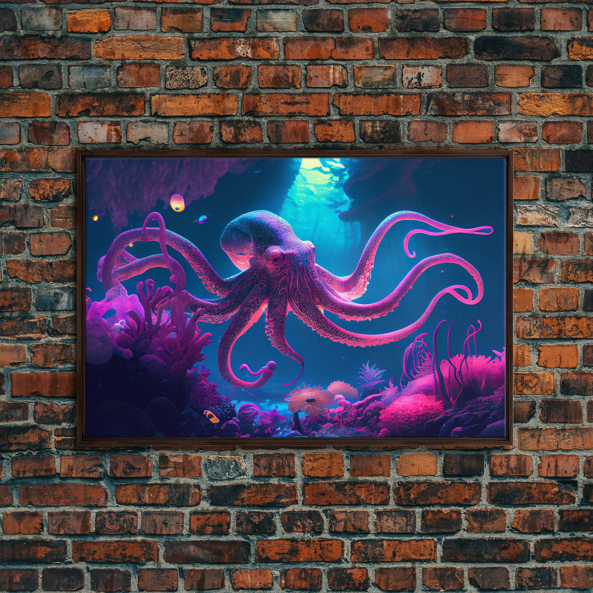 Pink Octopus, Ocean art, aquarium art, framed canvas print, vaporwave pastel art