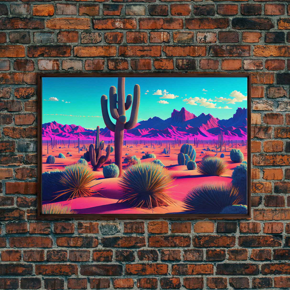 Synthwave Style Cactus Art, Retro Desert Abstract, framed canvas print, Arizona art