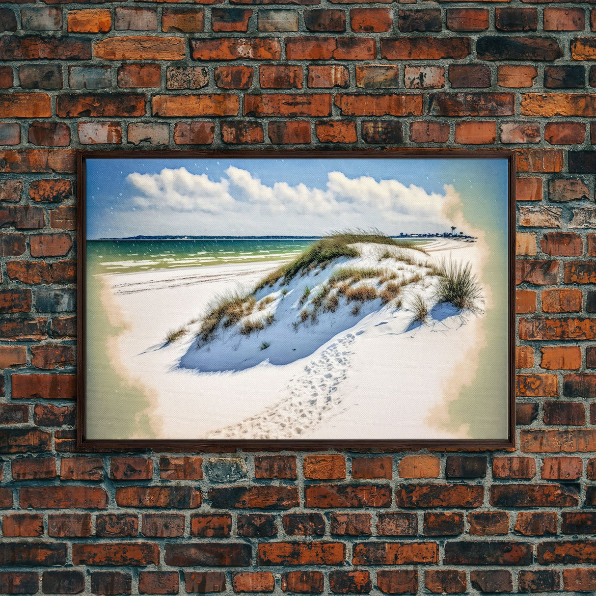 Whimsical watercolor of sand dunes on a beach, framed canvas print, beautiful living room wall art