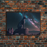 Cheetah overlooking the valley, synthwave retro style animal prints, framed canvas print, framed wall art, starry Africa night sky