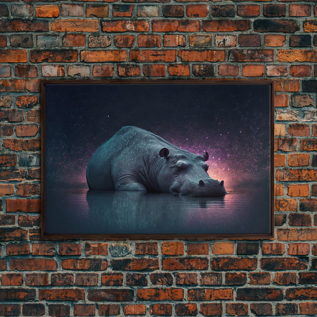 Sleepy Hippo, Animal Prints, framed canvas prints, wildlife art, starry night pastel hue art