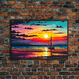 Sailing at Sunset, Watercolor Painting Canvas Print, Framed Wall Art, Unique Sunset Pop Art Ocean Landscape Decor