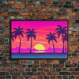 Beach sunset Wall Art, Framed Canvas Print, Colorful painting, Vibrant art, Synthwave Style, Warm Colors, Pop Art style, Tropical art