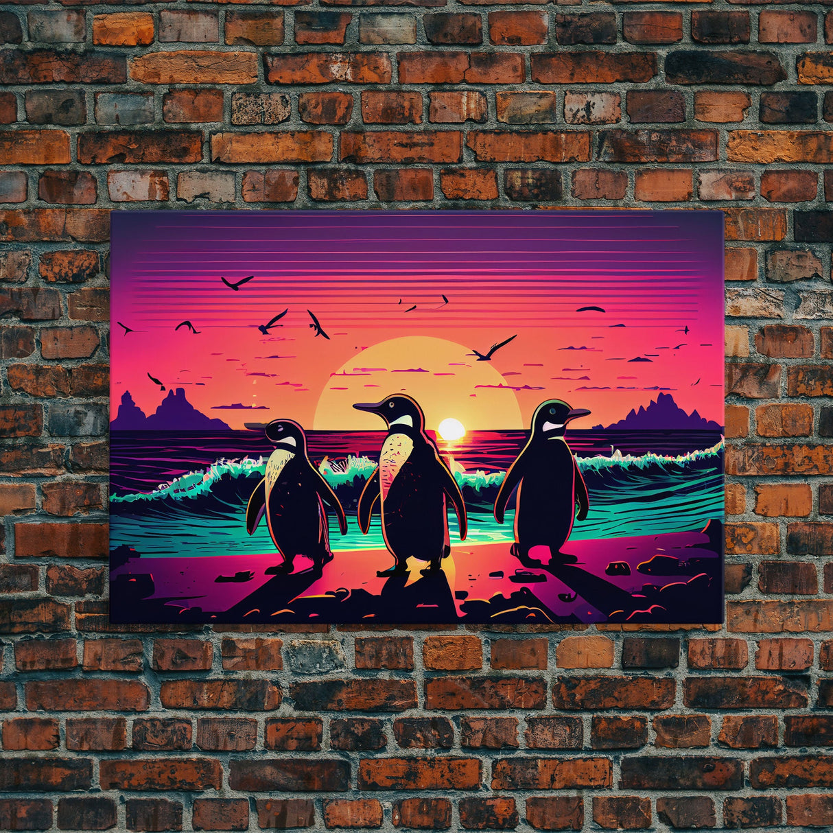 Surfing Penguins walking on the beach, retrowave art, framed canvas print, animal art