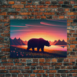 Grizzly bear at sunset, cool nature art, animal print, framed canvas print, wall decor for bedroom / guest room