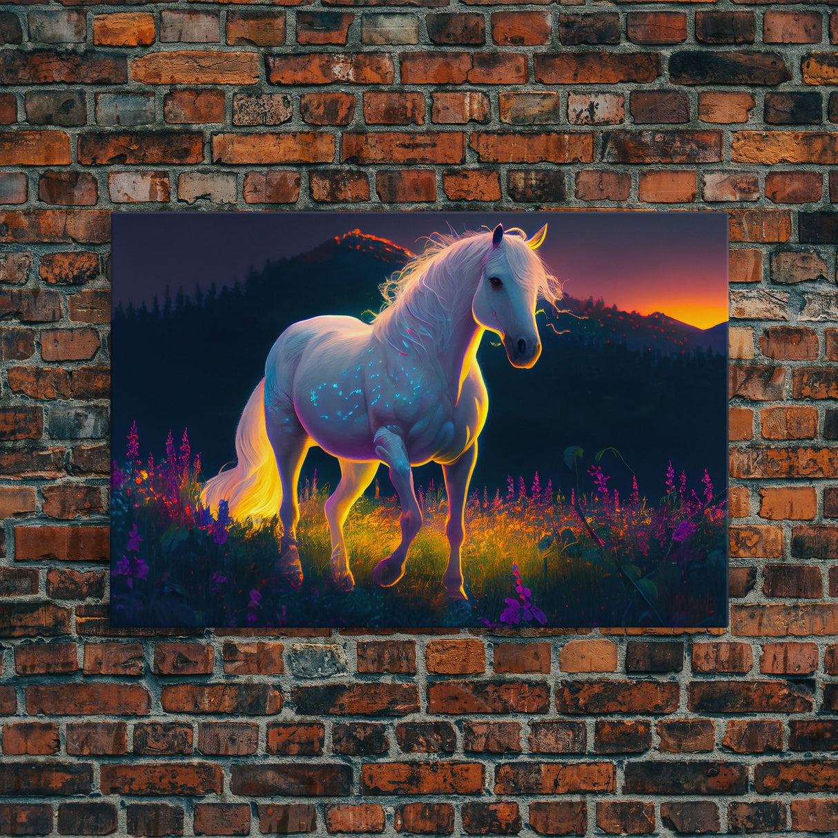 Vibrant portrait of a white horse in a field of flowers, vaporwave aesthetic art, animal prints, framed canvas print, colorful wall art