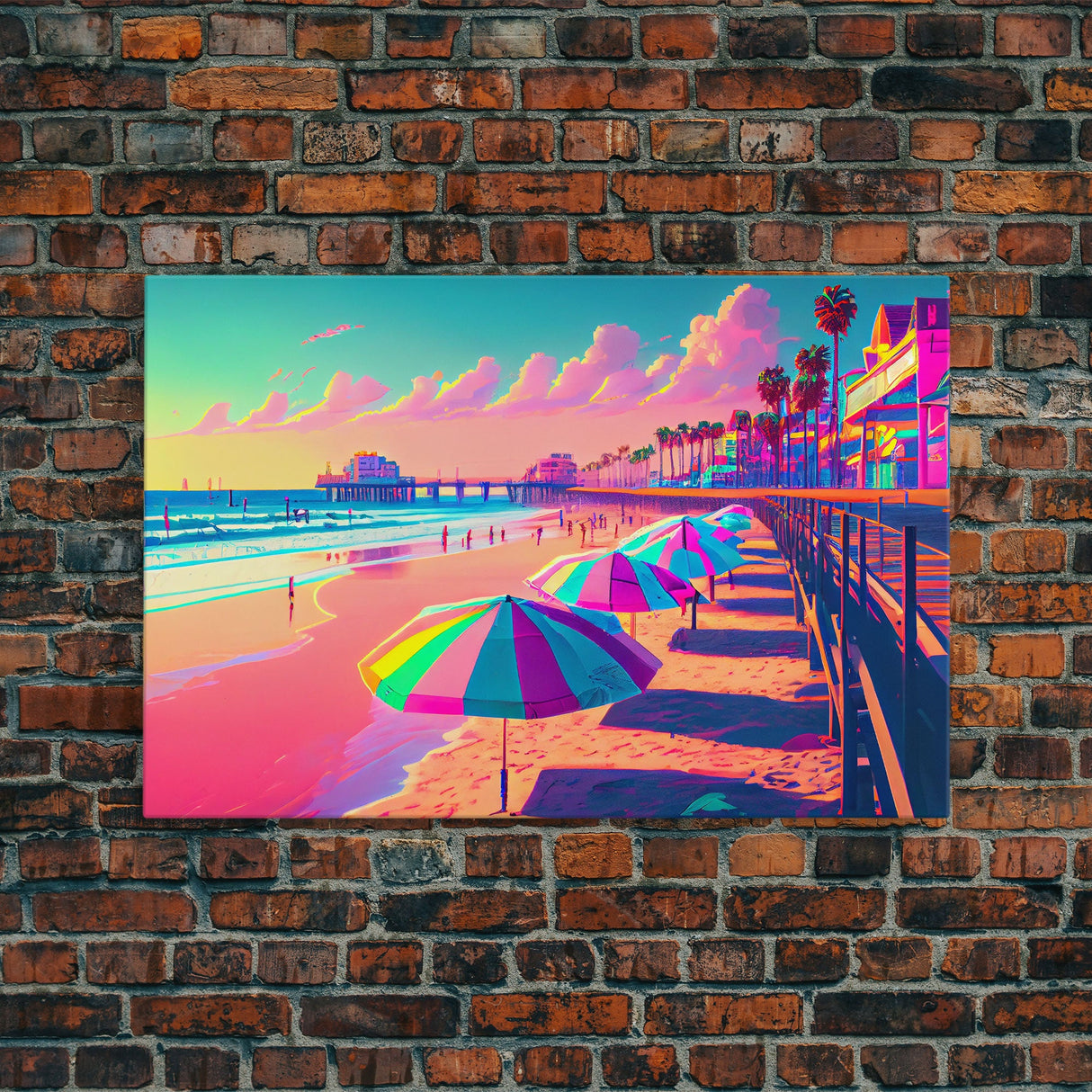 Neon Pastel wall art, vaporwave aesthetic boardwalk, neon beach, framed canvas print