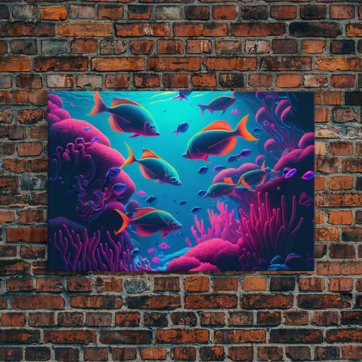 Coral Reef art, synthwave aesthetic ocean art, school of fish, framed canvas art, framed wall art canvas print