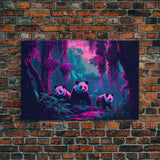 Cute pandas, jungle, framed canvas print, framed wall art, synthwave animal art