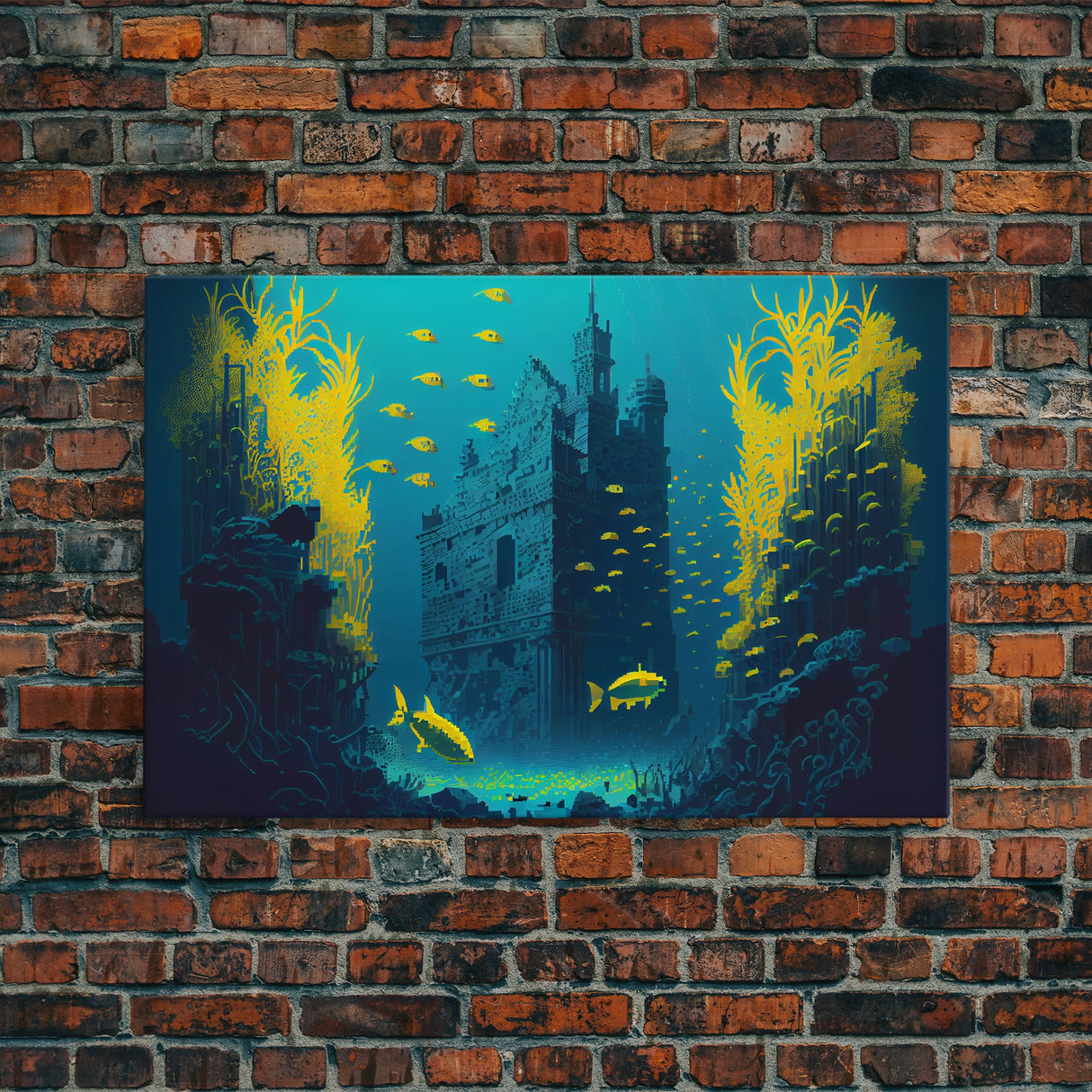 Underwater castle fantasy art, 8 bit pixel art for videogame room, framed canvas print