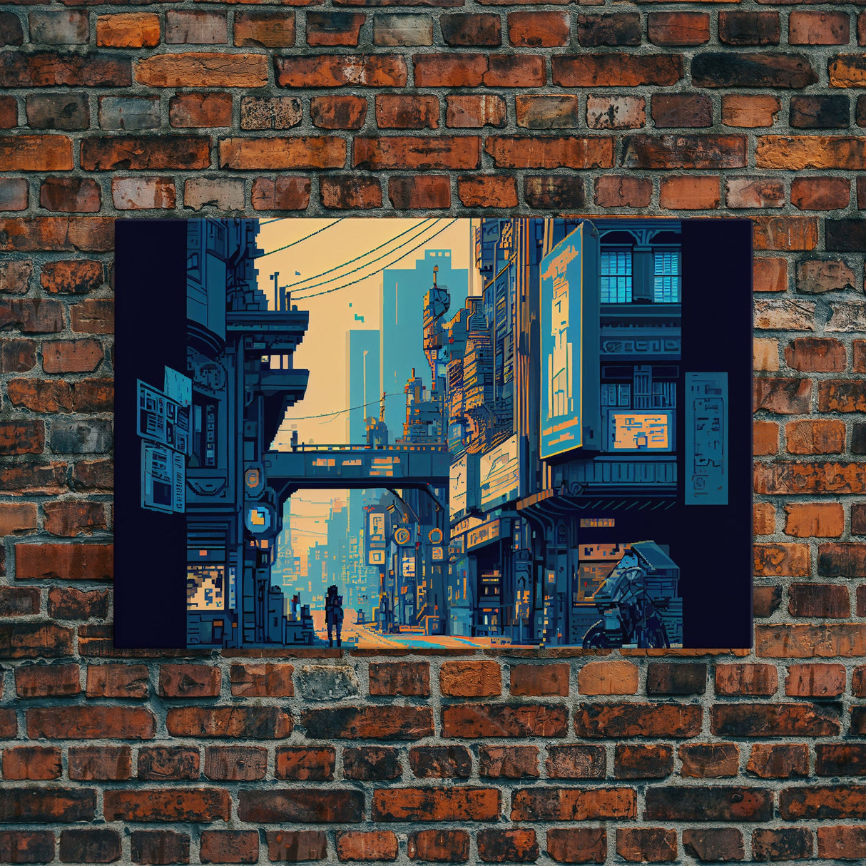 8 bit pixel art cyber punk city, video game concept art, framed canvas print, game room art