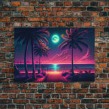 Outrun style full moon lit beach, framed canvas print, synthwave palm tree & beach art