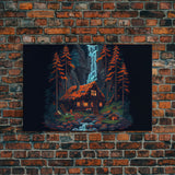 Secluded log cabin in the woods with a waterfall behind it, 8 bit pixel art, framed canvas print