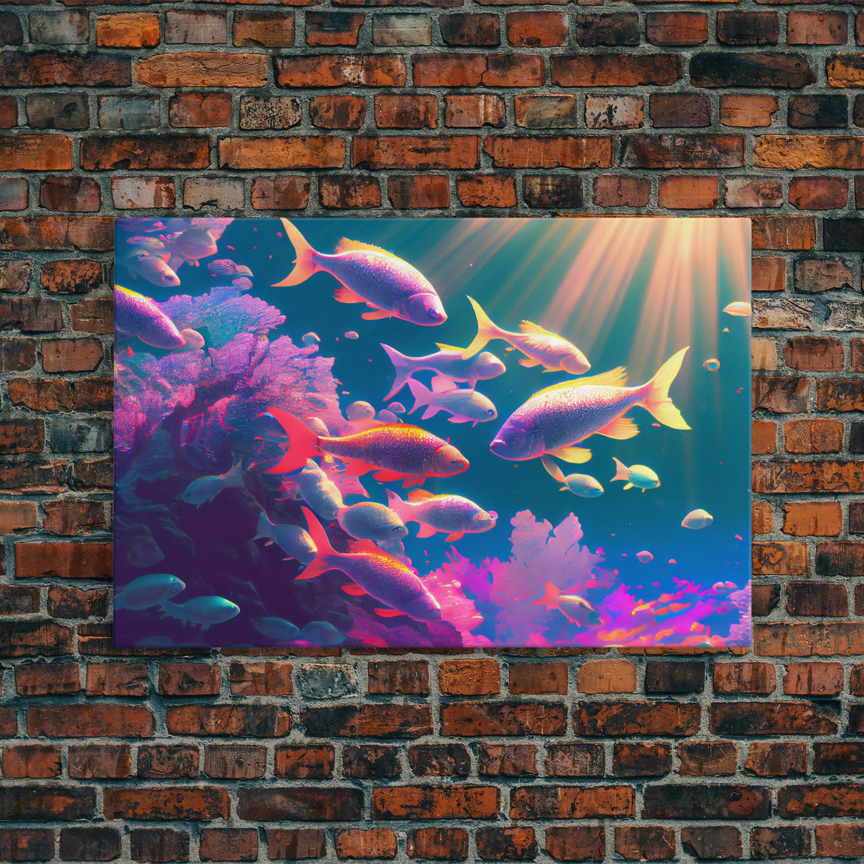 Tropical Reef Art, vaporwave pastel ocean fish art, school of fish art, framed canvas print