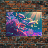 Tropical Reef Art, vaporwave pastel ocean fish art, school of fish art, framed canvas print