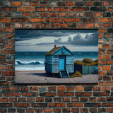 Sea side shack pixel art, New England style beach art, framed canvas print, beautiful lake house art