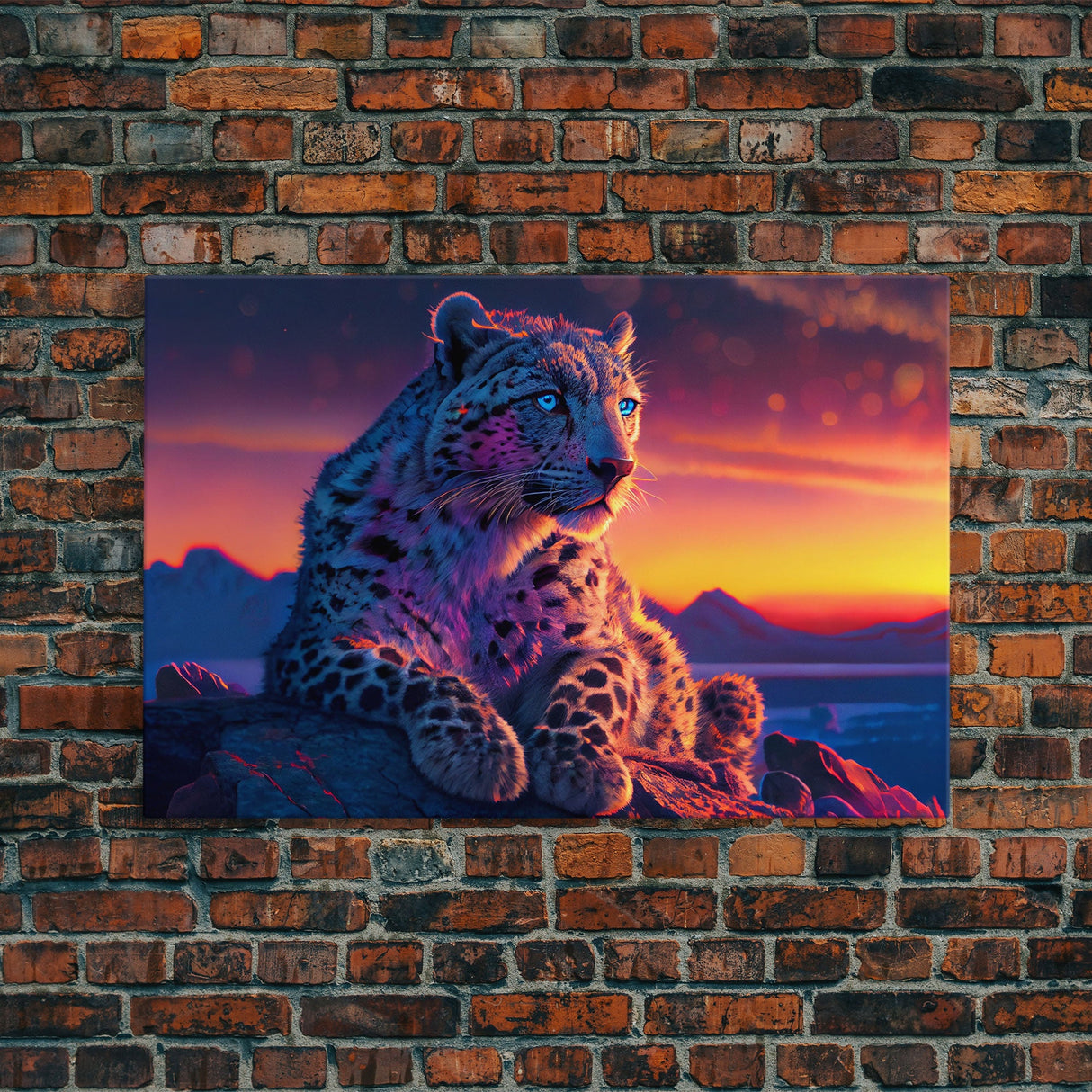 Portrait of a leopard at sunset, vaporwave art, framed canvas print, framed wall art, animal prints