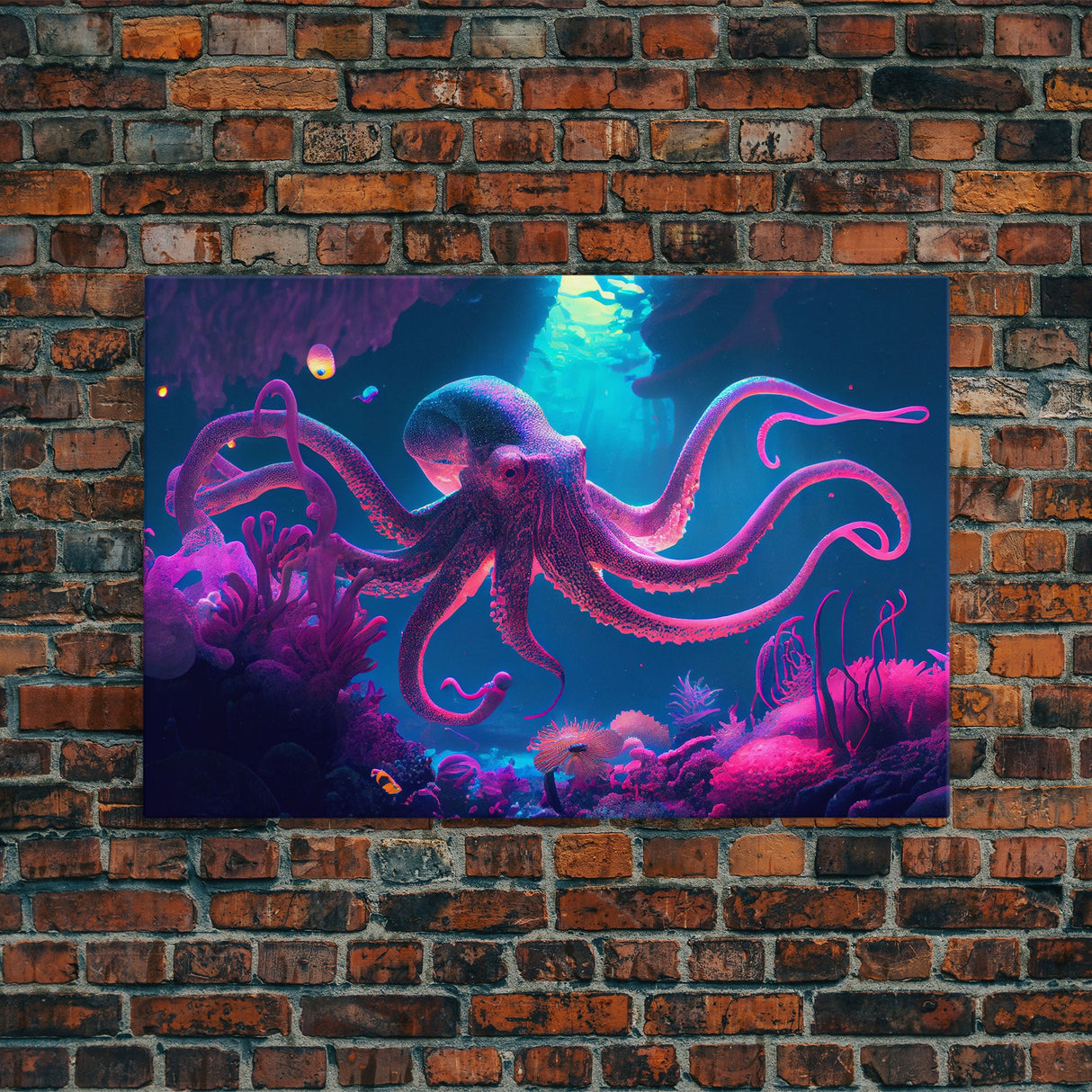 Pink Octopus, Ocean art, aquarium art, framed canvas print, vaporwave pastel art