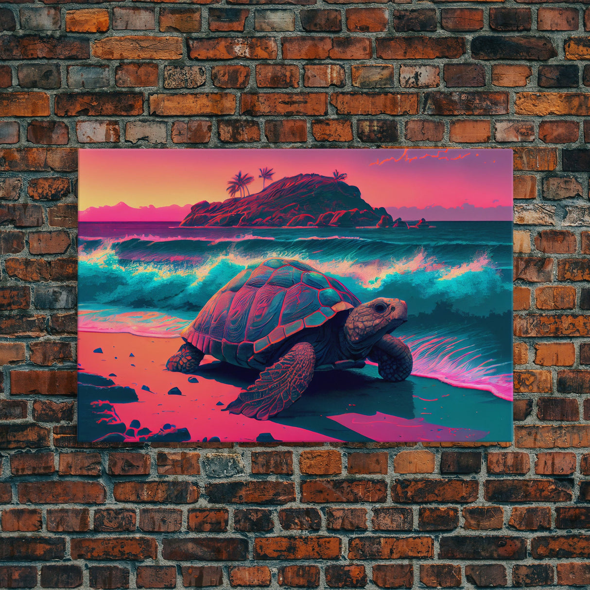 Sea Turtle On Seashore Beach Ocean Sea Sunset Blue Pink Fine Art Print, Wall Art Print, Wall Poster, Wall Decor